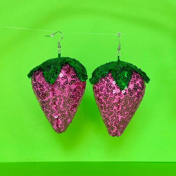 DiscoFruits Plush Sparkly Sequin Statement Disco Strawberry Earrings Pink Green - Picture 5 of 5